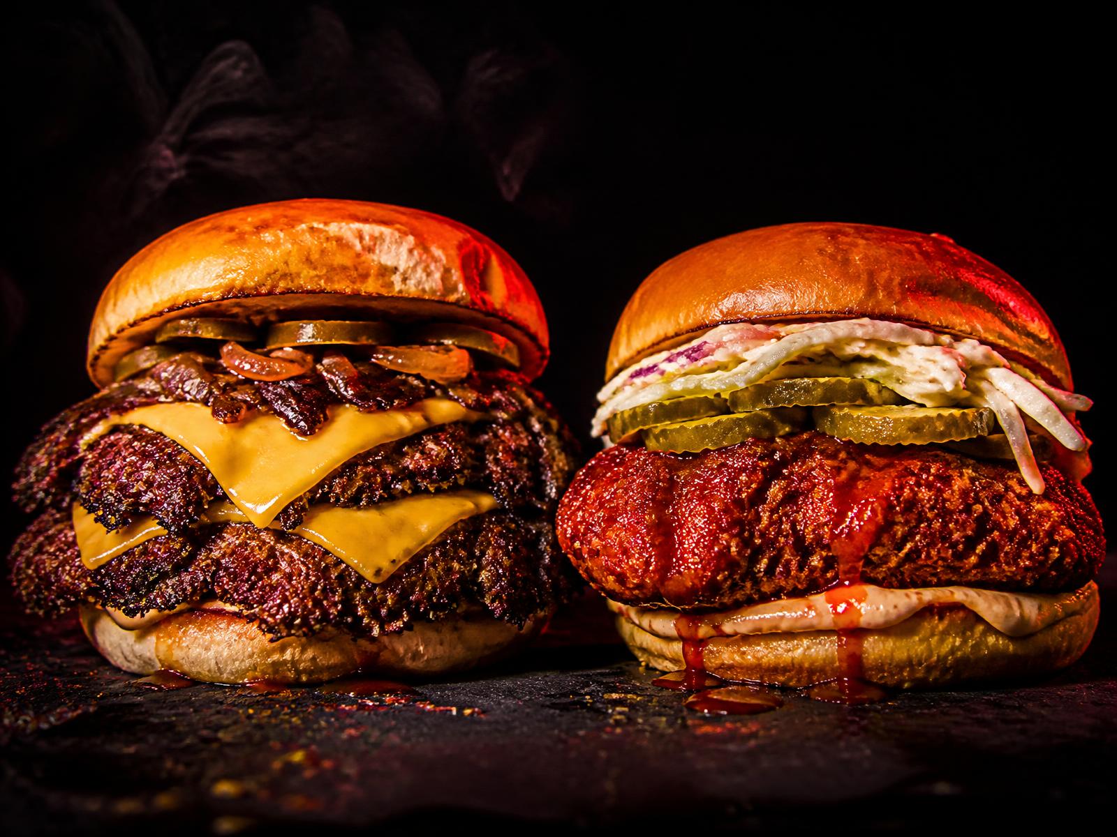 A double smash burger and a Nashville hot chicken sandwich